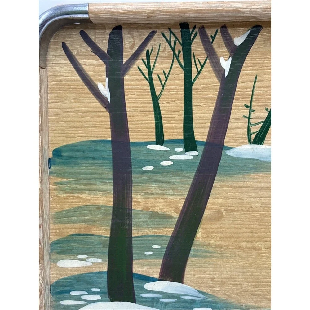 Vintage Small Wood & Metal Rectangle Serving Tray w/ Handles Deer Fawn Scene
